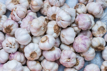 Close-up garlic bulbs. Organic garlic top view. Food background.