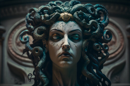 The classic depiction of the head of the Gorgon Medusa from ancient mythology, a gloomy awesome look horror fright. Generative AI technology.
