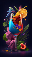 Fancy cocktail in a sherry glass with a color gradient from red to blue, peach and purple flowers to decorate. Non-alcoholic drink for teetotalers. 3D rendering.