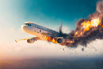 Exploded passenger plane in the sky engulfed in flames with black smoke catastrophe fall. Generative AI