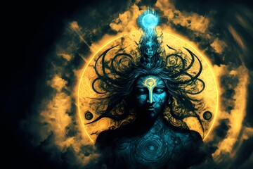 Lord Shiva in universe. spiritual image against the background of the cosmos. Mahamaya. Gurudeva. - obrazy, fototapety, plakaty