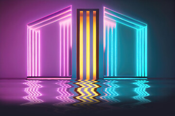 Abstract neon light fluorescent Neon Lights glow ,Reflection on water,neon lights exhibition background , 3D illustration.