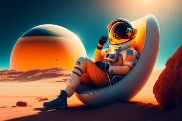 an astronaut resting on mars in a beach chair, desktop wallpaper