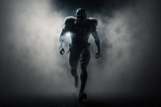 American football player entering the field on a super bowl game with cinematic light and smoke background made with generative ai