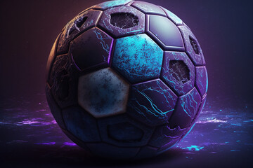 Futuristic purple football soccer ball with blue highlights on a purple background 3d render made with generative ai