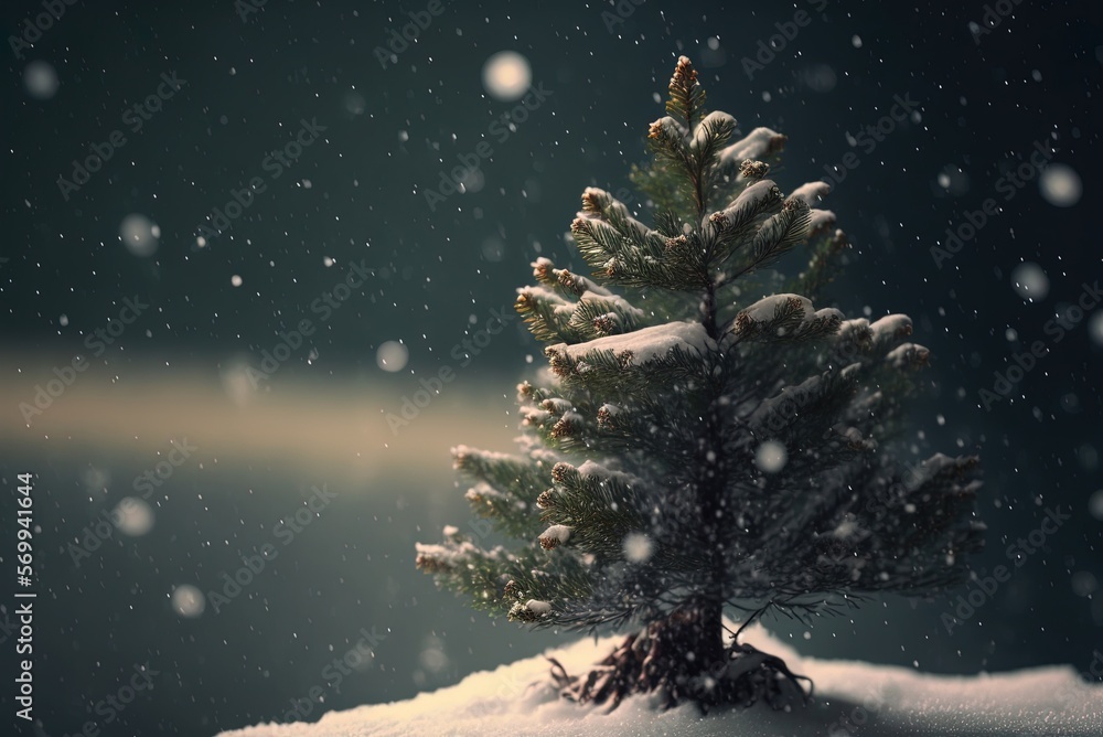 Poster lovely winter image with a pine tree and snowfall in the foreground. generative ai