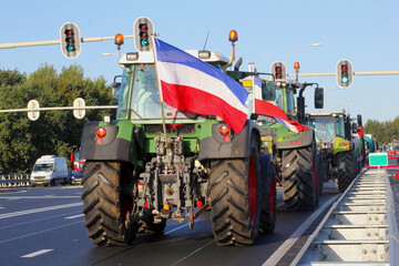 Farmer protest with Dutch flags on tractors against nitrogen reduction, Netherlands