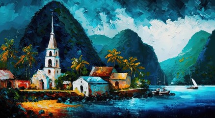 Fototapeta na wymiar paint like illustration of beautiful tropical seascape village with house and tree nature landscape, Generative Ai