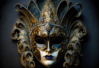 A beautiful golden blue Venetian Carnival mask on black background. Created with Generative AI.