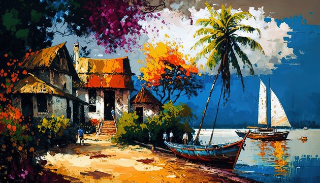paint like illustration of  beautiful tropical seascape village with house and tree nature landscape, Generative Ai