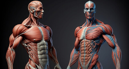 The human muscular system. Muscle system of the human body. Human muscle structure. Generative AI.