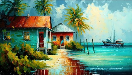 paint like illustration of  beautiful tropical seascape village with house in village and palm tree, Generative Ai