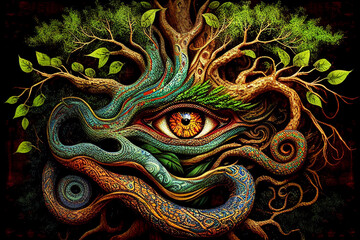 Ayahuasca compilation.Shamanic meditation. The journey of consciousness. A dragon in a tree trunk. The magic eye. Generative AI.
