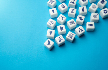 Blocks with business symbols icons. Conducting business and processes concept. Management and...