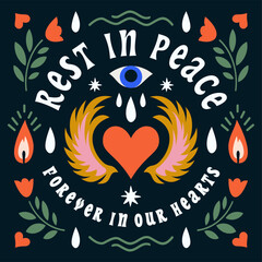 Rest in peace, memorial cards with floral borders, in loving memory and deepest sympathy condolences. Obituary and tombstone decorations with love, eyes, candle, heart, wing, leaves and rose flowers