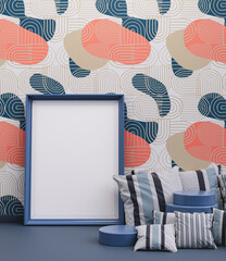 Vertical picture frame in dark blue color standing on the floor in a colorful interior room for product showcase and copy space. 3D rendering