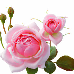 Two beautiful pink rose flowers in full bloom and buds 