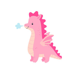 Vector illustration of cute little pink dragon. Sticker with fairytale character.