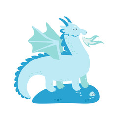 Vector illustration of ice dragon isolated on white. Fairytale animal character in flat style.