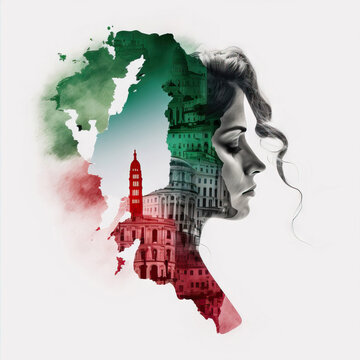 AI generated illustration of Italian lady with facades of buildings