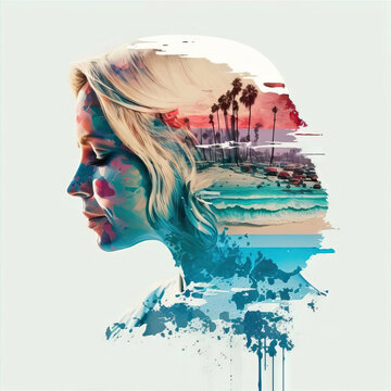 AI double exposure of American female and global map with seascape of sandy beach on sea shore with boats and palms against white background