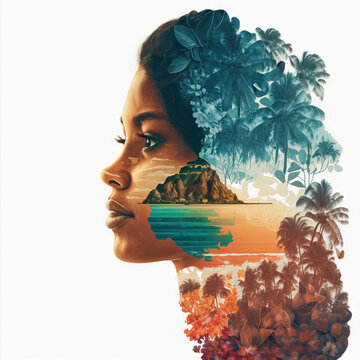 Fototapeta AI generated illustration of Hawaiian lady and tropical beach