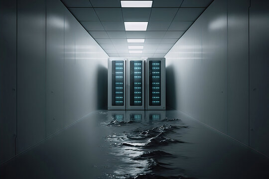 AI image of flooded corridor with server