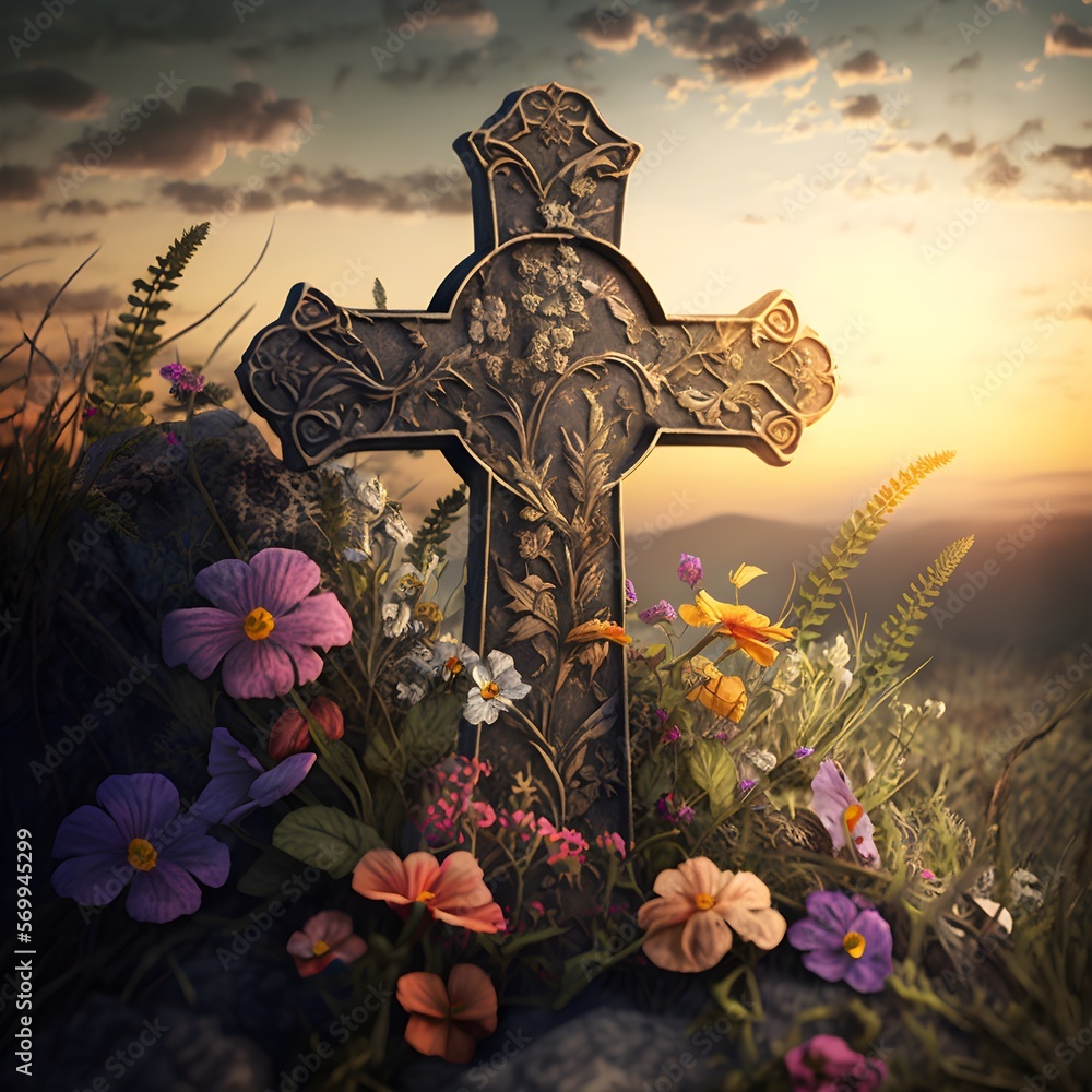 Sticker A jesus stone cross that consists of colorful flowers at sunset