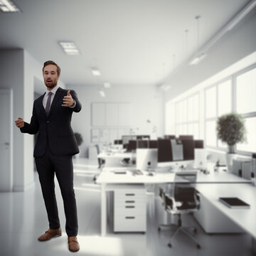 Portrait of businessman wear suit presenting in workplace. 3D illustration.
