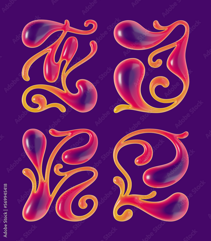Poster set of 3d rendered curly letters with smooth glossy surface.