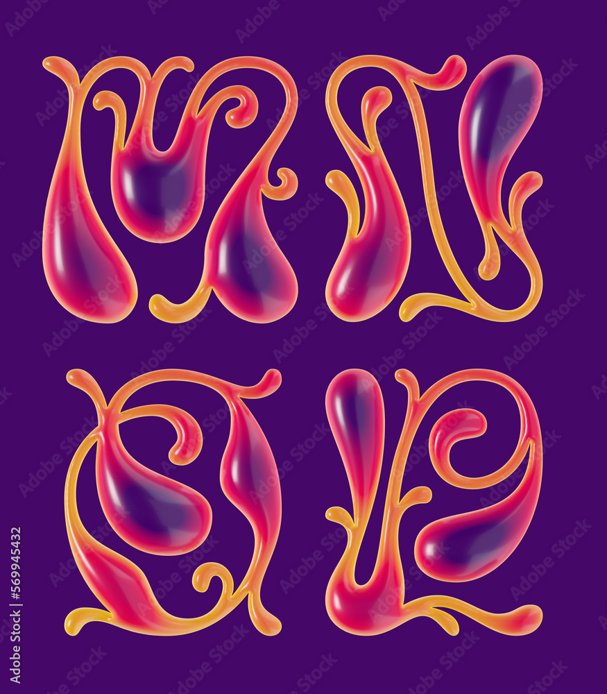 Poster set of 3d rendered curly letters with smooth glossy surface.