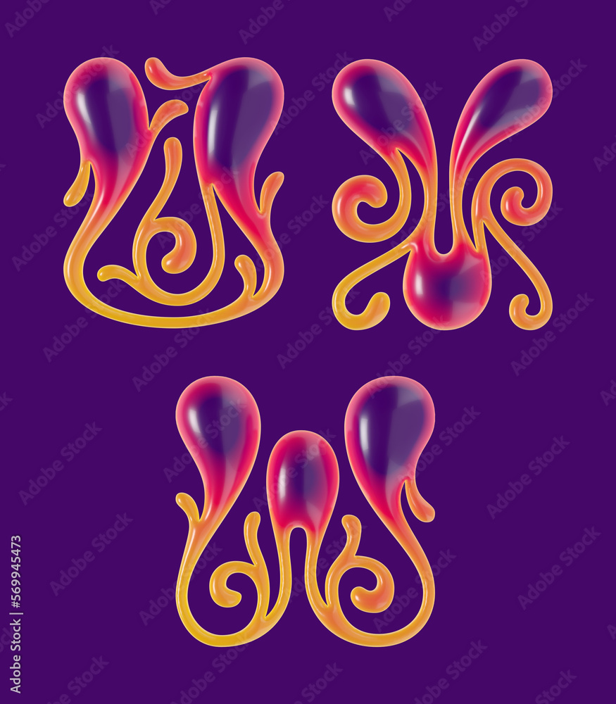 Poster set of 3d rendered curly letters with smooth glossy surface.