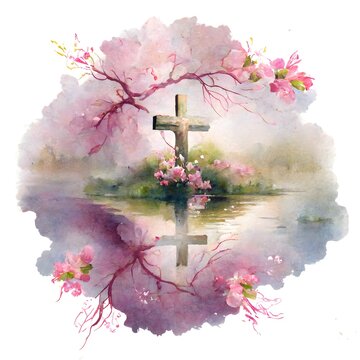 A jesus cross that with of flowers on a see. Funeral Postcard