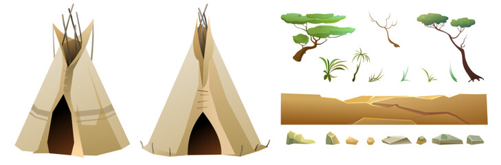 Indians wigwam hut made of felt and skins. Set with stones and trees. North American tribal dwelling. Traditional home of nomadic peoples. Isolated on white background Vector. © WebPAINTER-Std