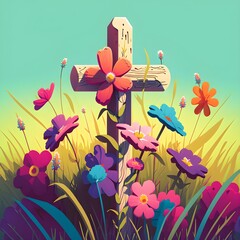 A jesus cross that with of colorful flowers with blue sky and clouds. Postcard