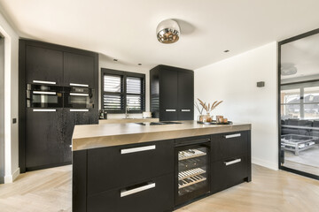 Modern kitchen interior with black cabinets