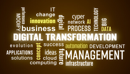 Illustation of digital transformation keywords cloud with white and yellow text on dark background.