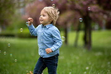Blond toddler child, cute boy in casual clothing, playing with soap bubbles in the park