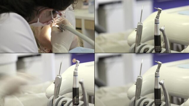 Dentist treating a female patient and Dentist tools closeup in Clinic
