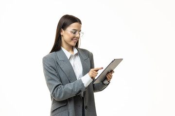 Portrait of happy woman with digital tablet isolated on white background
