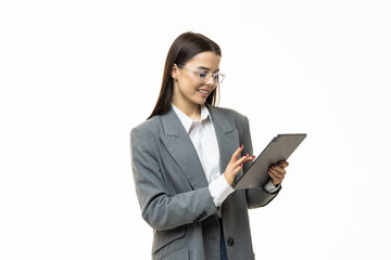 Portrait of happy woman with digital tablet isolated on white background