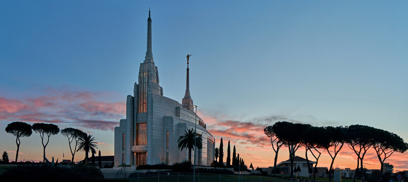 The baroque revival styled Rome Italy Temple mormon church in Rome at dawn