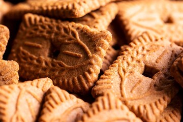 A close up of a pile of brown cookies called speculoos or speculaas in Belgium or the Netherlangs. The spiced biscuit is very delicious and popular during the winter period to be eaten at any time.