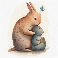 Rabbits watercolor illustration for kids. Ai generative 