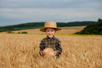 Little boy in the straw hat and shirt he held out his handing with bread in ripe grain. concept poverty, crisis, famine
