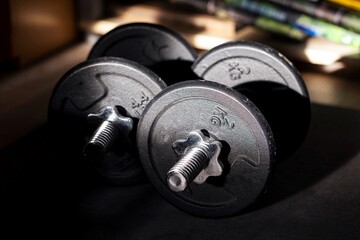 Plakat A close up portrait of two dumbbell weights lying on a small mat ready to be used for some healthy exercises for strength, stamina or to recover from an injury. Great for a new years resolution.