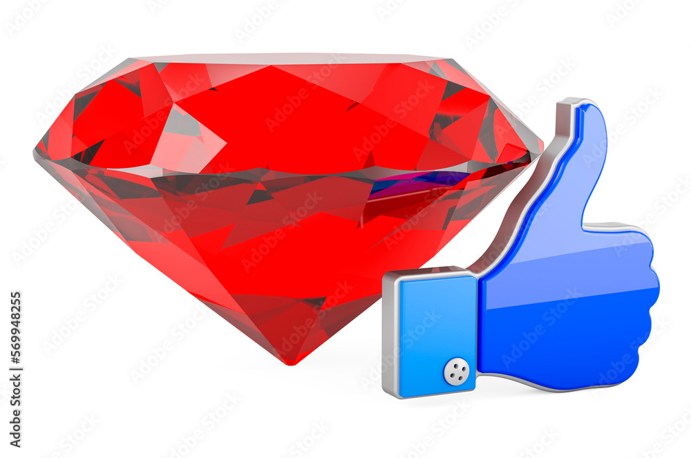 Poster red gem with like icon, 3d rendering