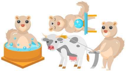 Set Abstract Collection Flat Cartoon Different Animal Tupaia  Enjoying In The Jacuzzi, Three Eyes And A Ball Of Predictions, Work With The Cow On The Plow Vector Design Style Elements Fauna Wildlife