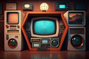 Vintage sci-fi retrofuturistic television device with wall interface cyberpunk texture background illustration