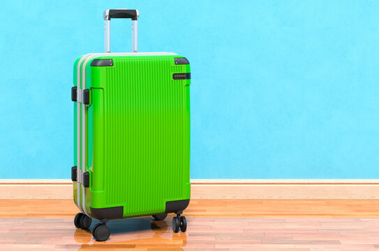 Hardside Luggage with Spinner Wheels in room near wall, 3D rendering